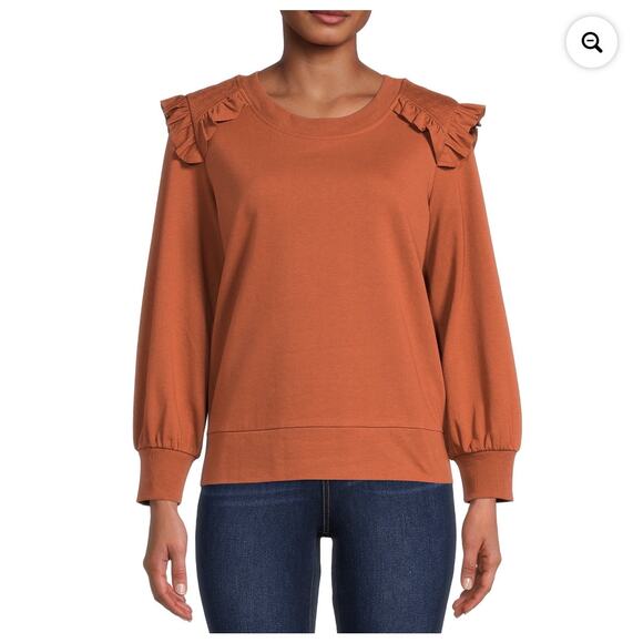 Time and Tru Brown Crew Neck Sweatshirt with quilted shoulders and ruffles XXL - Picture 2 of 6